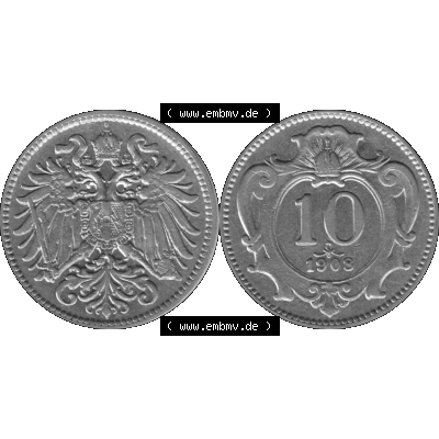 Alte Münze aus Kaiserreich Österreich als PNG-Grafik 1892-1911, 10 Heller 1908-01 Graustufen. Vorderseite und Rückseite der Kaiserreich 10 Heller-Münze vertikal auf einen... Sammlung