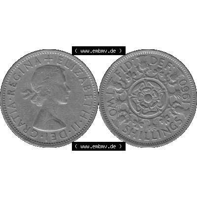 Alte Münze Großbritannien, Bild in s/w bzw. Graustufen PNG-Grafik, Umlaufmünze aus dem Zeitraum 1954-1970, 2 Schilling-Florin, Two Shillings, 1960-01... Sammlung