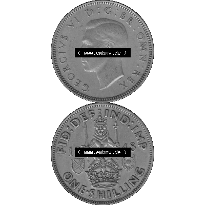 Alte Münze Großbritannien, Bild in s/w bzw. Graustufen PNG-Grafik 1947-1948, 1 One Schilling - One Shilling, 1948-03 Sitzender gekrönter Löwe auf Krone... Sammlung