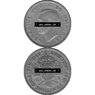 Alte Münze Großbritannien, Bild in s/w bzw. Graustufen PNG-Grafik, Umlaufmünze aus dem Zeitraum 1947-1948, 2 Schilling-Florin, Two Shillings, 1947-03,... Sammlung