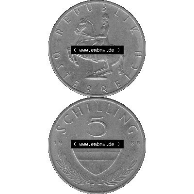 Alte Münze 5 / Fünf Schilling Österreich in s/w Schwarzweiß bzw. Graustufen Farbgebung von Scanner transparenten PNG 1968-2001, 5 Schilling 1988-01, Reiter... Sammlung