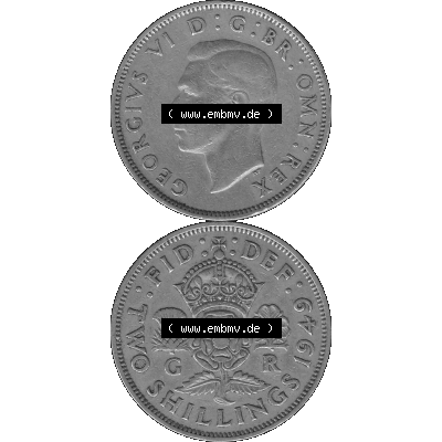 Alte Münze Großbritannien, Bild in s/w bzw. Graustufen PNG-Grafik, Umlaufmünze aus dem Zeitraum 1949-1951, 2 Schilling-Florin, Two Shillings, 1949-01,... Sammlung