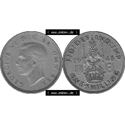 Alte Münze Großbritannien, Bild in s/w bzw. Graustufen PNG-Grafik 1947-1948, 1 One Schilling - One Shilling, 1948-03 Sitzender gekrönter Löwe auf Krone... Sammlung