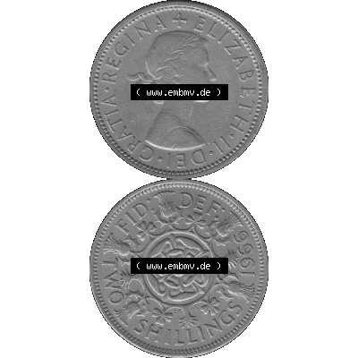 Alte Münze Großbritannien, Bild in s/w bzw. Graustufen PNG-Grafik, Umlaufmünze aus dem Zeitraum 1954-1970, 2 Schilling-Florin, Two Shillings, 1966-07... Sammlung