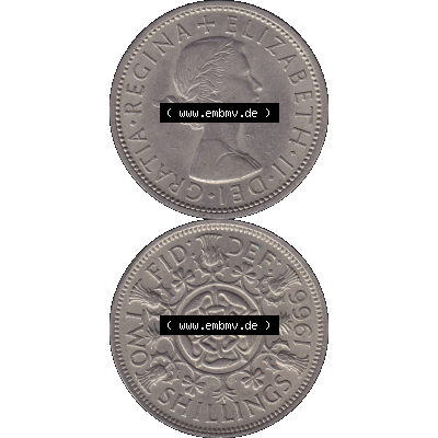 Alte Münze Großbritannien, Bild in Farbe bzw. Color PNG-Grafik, Umlaufmünze aus dem Zeitraum 1954-1970, 2 Schilling-Florin, Two Shillings, 1966-01 ELIZABETH... Sammlung