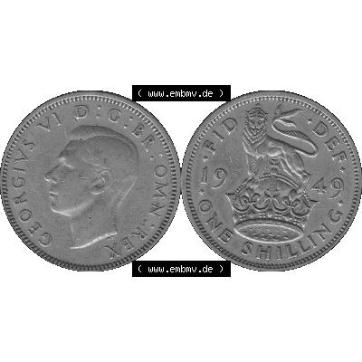 Alte Münze Großbritannien, Bild in s/w bzw. Graustufen PNG-Grafik 1949-1951, 1 One Schilling - One Shilling, 1949-02 Stehender gekrönter Löwe auf Krone... Sammlung
