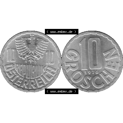 Alte Münze 10 / Zehn Groschen Österreich in s/w Schwarzweiß bzw. Graustufen Farbgebung von Scanner transparenten PNG 1951-2001, 10 Groschen 1976-01 Graustufen.... Sammlung