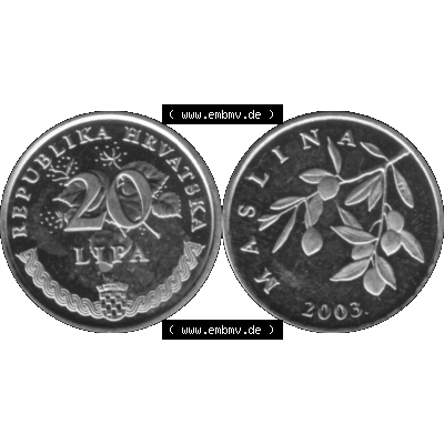 Alte Münze Kroatien Umlaufmünze 1993-2021, 20 Lipa 2003-01 Graustufen Graustufen. Vorderseite und Rückseite der kroatischen Münze / Kursmünze, vertikal auf... Sammlung