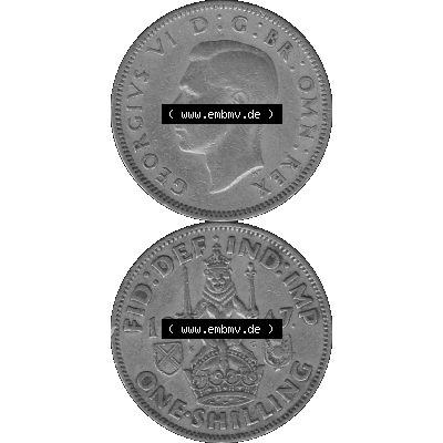 Alte Münze Großbritannien, Bild in s/w bzw. Graustufen PNG-Grafik 1947-1948, 1 One Schilling - One Shilling, 1947-02 Sitzender gekrönter Löwe auf Krone... Sammlung