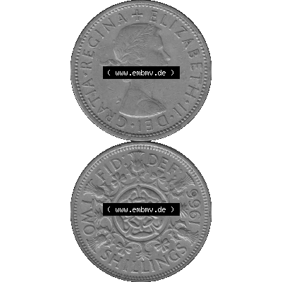 Alte Münze Großbritannien, Bild in s/w bzw. Graustufen PNG-Grafik, Umlaufmünze aus dem Zeitraum 1954-1970, 2 Schilling-Florin, Two Shillings, 1966-02... Sammlung
