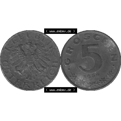 Alte Münzen Österreich 5 / Fünf Groschen in s/w / grau / Graustufen 1948-1994, 5 Groschen 1968-02 Graustufen. Vorderseite und Rückseite der Österreich... Sammlung