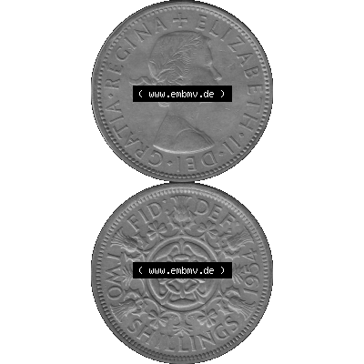 Alte Münze Großbritannien, Bild in s/w bzw. Graustufen PNG-Grafik, Umlaufmünze aus dem Zeitraum 1954-1970, 2 Schilling-Florin, Two Shillings, 1954-02... Sammlung