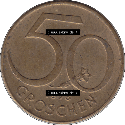 Alte Münze 50 / Fünfzig Groschen Österreich in original Farbgebung von Scanner transparenten PNG 1959-2001, 50 Groschen 1973-01, Bindenschild. Rückseite der alten... Sammlung