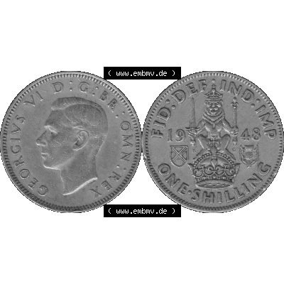 Alte Münze Großbritannien, Bild in s/w bzw. Graustufen PNG-Grafik 1947-1948, 1 One Schilling - One Shilling, 1948-10 Sitzender gekrönter Löwe auf Krone... Sammlung
