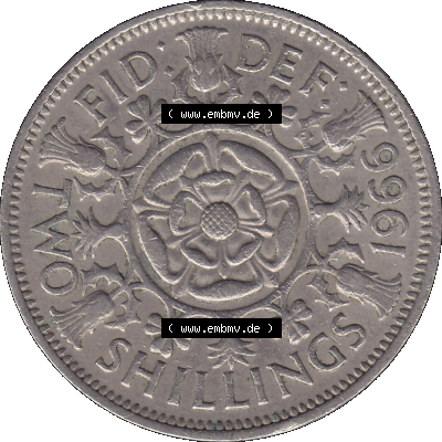 Alte Münze Großbritannien, Bild in Farbe bzw. Color PNG-Grafik, Umlaufmünze aus dem Zeitraum 1954-1970, 2 Schilling-Florin, Two Shillings, 1966-03 ELIZABETH... Sammlung