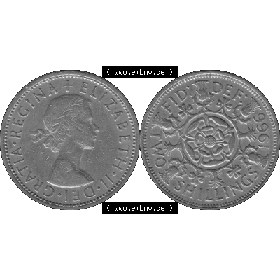Alte Münze Großbritannien, Bild in s/w bzw. Graustufen PNG-Grafik, Umlaufmünze aus dem Zeitraum 1954-1970, 2 Schilling-Florin, Two Shillings, 1966-04... Sammlung