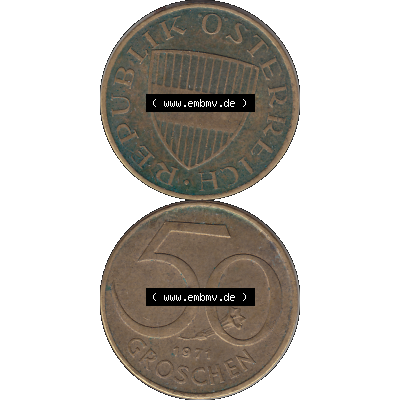 Alte Münze 50 / Fünfzig Groschen Österreich in original Farbgebung von Scanner transparenten PNG 1959-2001, 50 Groschen 1971-01, Bindenschild. Vorderseite und Rückseite... Sammlung