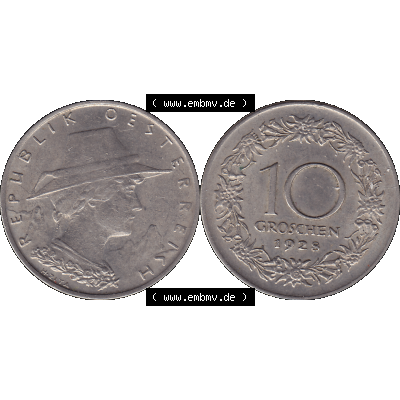 Alte Münze 10 / Zehn Groschen Österreich in original Farbgebung von Scanner transparenten PNG 1925-1929, 10 Groschen 1928-01, VS Triolerien, RS Wert mit Kranz. Vorderseite... Sammlung