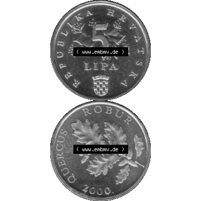 Alte Münze Kroatien Umlaufmünze 1994-2021, 5 Lipa 2000-01 Graustufen Graustufen. Vorderseite und Rückseite in Graustufen der kroatischen vor-Euro-Münze, vertikal... Sammlung