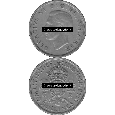 Alte Münze Großbritannien, Bild in s/w bzw. Graustufen PNG-Grafik, Umlaufmünze aus dem Zeitraum 1947-1948, 2 Schilling-Florin, Two Shillings, 1948-10,... Sammlung