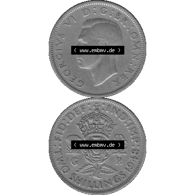 Alte Münze Großbritannien, Bild in s/w bzw. Graustufen PNG-Grafik, Umlaufmünze aus dem Zeitraum 1947-1948, 2 Schilling-Florin, Two Shillings, 1948-07,... Sammlung