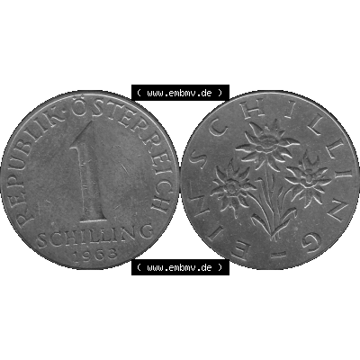 Alte Münzen Österreich 1 / Ein Schilling 1959-2001, 1 Schilling 1963-01, Edelweiß Graustufen. Vorderseite und Rückseite der Österreich Zweite Republik Ein... Sammlung