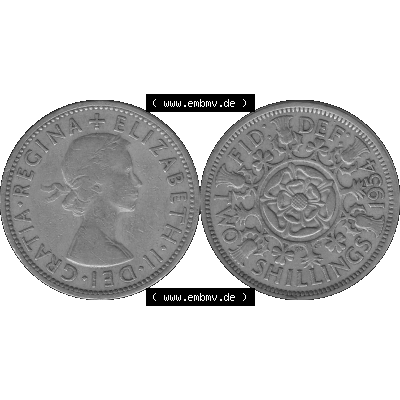 Alte Münze Großbritannien, Bild in s/w bzw. Graustufen PNG-Grafik, Umlaufmünze aus dem Zeitraum 1954-1970, 2 Schilling-Florin, Two Shillings, 1954-01... Sammlung
