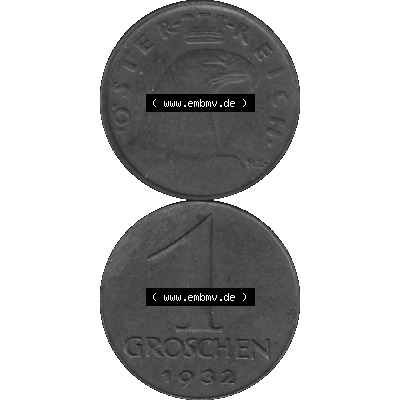 Alte Münze 1 / Ein Groschen Österreich in s/w Schwarzweiß bzw. Graustufen Farbgebung von Scanner transparenten PNG 1925-1938, 1-Ein Groschen, Adlerkopf mit Mauerkrone... Sammlung
