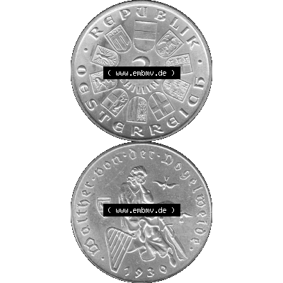 Alte Münze Österreich 1930-1930, 2 Schilling 1930-01, Silbermünze Walter von der Vogelweide 1170-1230, Minnesänger Graustufen. Vorderseite und Rückseite... Sammlung