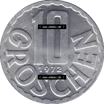 Alte Münze 10 / Zehn Groschen Österreich in original Farbgebung von Scanner transparenten PNG 1951-2001, 10 Groschen 1972-01. Rückseite der alten 10 / Zehn Groschen... Sammlung