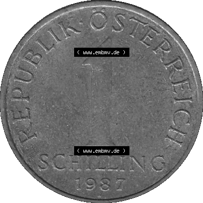Alte Münzen Österreich 1 / Ein Schilling 1959-2001, 1 Schilling 1987-01, Edelweiß Graustufen. Vorderseite in Graustufen der 1 / Ein-Schilling-Münze aus der... Sammlung