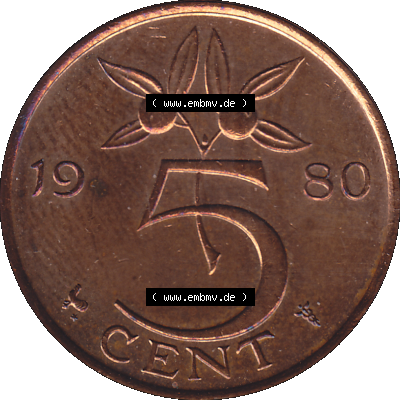 Alte Münze Niederlande in Farbe 1950-1980, 5 Cent Königin Juliana 1980-02. Rückseite der alten niederländischen 5 Cent Umlaufmünze aus den Niederlanden, Münze... Sammlung