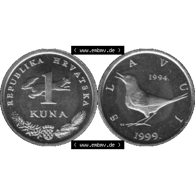 Alte Münze Kroatien Umlaufmünze 1993-2021, 1 Kuna 1999-01 Graustufen Graustufen. Vorderseite und Rückseite der kroatischen Münze / Kursmünze, vertikal auf... Sammlung