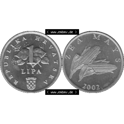 Alte Münze Kroatien Umlaufmünze 1994-2022, 1 Lipa 2002-01 Graustufen Graustufen. Vorderseite und Rückseite der kroatischen Münze / Kursmünze, vertikal auf... Sammlung