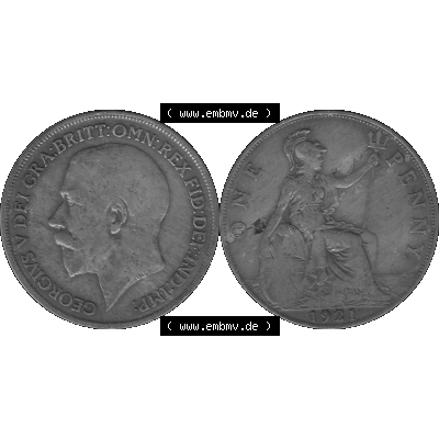 Alte Münze Großbritannien Umlaufmünze One Penny, 1 Pence 1911-1926, 1 One Penny, 1921-01, George V, B.M. GEORGIVS V DEI GRABRITTOMNREX FIDDEFINDIMP... Sammlung