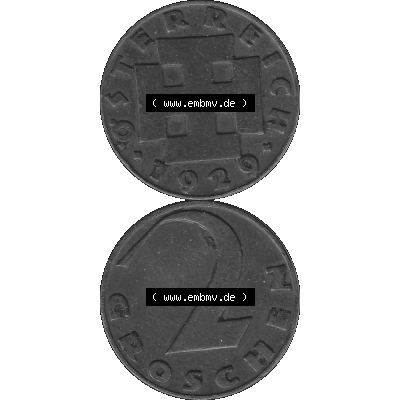 Alte Münze 2 / Zwei Groschen Österreich in s/w Schwarzweiß bzw. Graustufen Farbgebung von Scanner transparenten PNG 1925-1938, 2 Zwei Groschen, Krückenkreuz... Sammlung