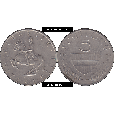 Alte Münze 5 / Fünf Schilling Österreich in original Farbgebung von Scanner transparenten PNG 1968-2001, 5 Schilling 1974-02, Reiter in der Levade. Vorderseite und... Sammlung