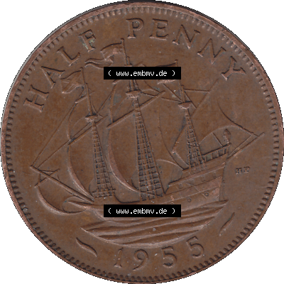 Alte Münze Großbritannien Umlaufmünze Half Penny, 1/2 Pence 1954-1970, Half Penny, Halber Pence 1955-01, Elisabeth II. - Schriftzug ELIZABETH II DEI GRATIA... Sammlung