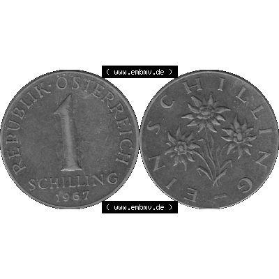 Alte Münzen Österreich 1 / Ein Schilling in Graustufen 1959-2001, 1 Schilling 1967-01, Ein Shilling Edelweiß Graustufen. Vorderseite und Rückseite der Österreich... Sammlung