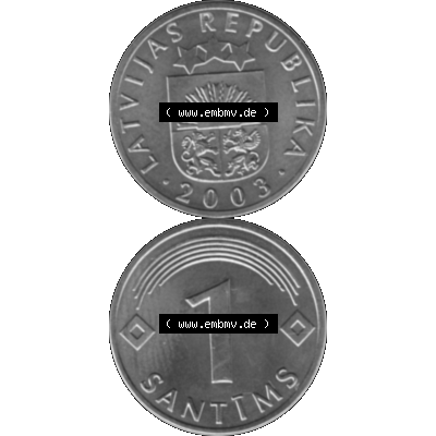 Alte Münze Lettland Umlaufmünze 1992-2008, 1 Santims 2003-01, VS Staatswappen, RS. Wert-Zahl Graustufen. Vorderseite und Rückseite in Graustufen der Münze... Sammlung