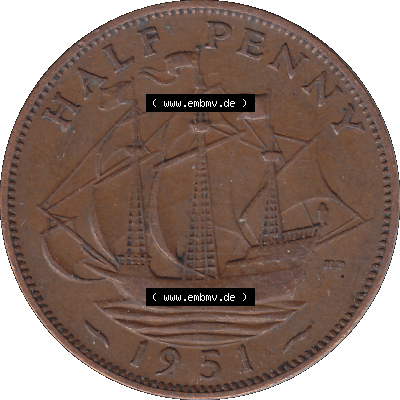 Alte Münze Großbritannien Umlaufmünze Half Penny 1949-1952, Half Penny 1951-01, George VI. GEORGIVS VI D-G-BR-OMN-REX FIDEI DEF.HP. Rückseite der alten... Sammlung