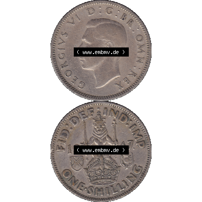 Alte Münze Großbritannien, Bild in Farbe bzw. Color PNG-Grafik 1947-1948, 1 One Schilling - One Shilling, 1947-02 Sitzender gekrönter Löwe auf Krone.... Sammlung