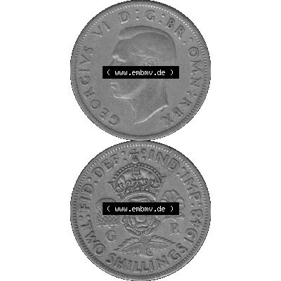 Alte Münze Großbritannien, Bild in s/w bzw. Graustufen PNG-Grafik, Umlaufmünze aus dem Zeitraum 1947-1948, 2 Schilling-Florin, Two Shillings, 1948-01,... Sammlung
