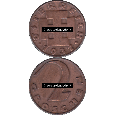 Alte Münze 2 / Zwei Groschen Österreich in original Farbgebung von Scanner transparenten PNG 1925-1938, 2 Zwei Groschen, Krückenkreuz 1937-01. Vorderseite und Rückseite... Sammlung