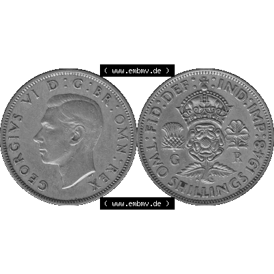 Alte Münze Großbritannien, Bild in s/w bzw. Graustufen PNG-Grafik, Umlaufmünze aus dem Zeitraum 1947-1948, 2 Schilling-Florin, Two Shillings, 1948-04,... Sammlung