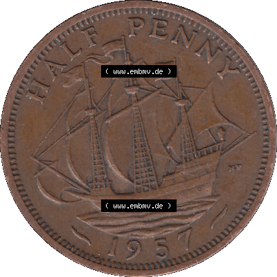 Alte Münze Großbritannien Umlaufmünze Half Penny, 1/2 Pence 1954-1970, Half Penny, Halber Pence 1957-01, Elisabeth II. - Schriftzug ELIZABETH II DEI GRATIA... Sammlung