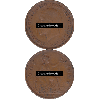 Alte Münze Großbritannien Umlaufmünze One Penny, 1 Pence 1928-1936, 1 One Penny, 1936-01, George V. BM GEORGIVS V DEI GRABRITTOMNREX FIDDEFINDIMP.... Sammlung