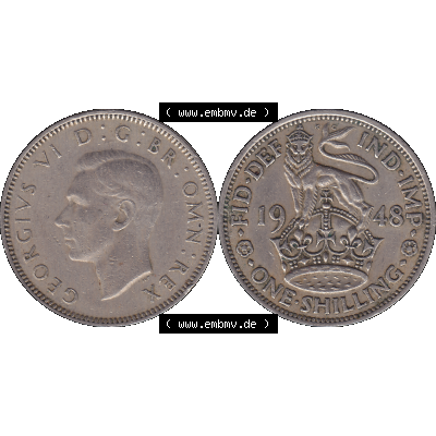 Alte Münze Großbritannien, Bild in Farbe bzw. Color PNG-Grafik 1947-1948, 1 One Schilling - One Shilling, 1948-07 Stehender gekrönter Löwe auf Krone.... Sammlung