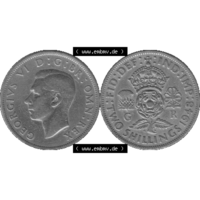 Alte Münze Großbritannien, Bild in s/w bzw. Graustufen PNG-Grafik, Umlaufmünze aus dem Zeitraum 1947-1948, 2 Schilling-Florin, Two Shillings, 1948-05,... Sammlung
