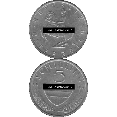 Alte Münze 5 / Fünf Schilling Österreich in s/w Schwarzweiß bzw. Graustufen Farbgebung von Scanner transparenten PNG 1968-2001, 5 Schilling 1984-01, Reiter... Sammlung